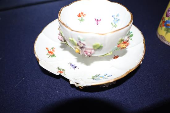 Four Meissen cups and three saucers, 18th and 19th century, cups 6.2 - 8.5cm diameter